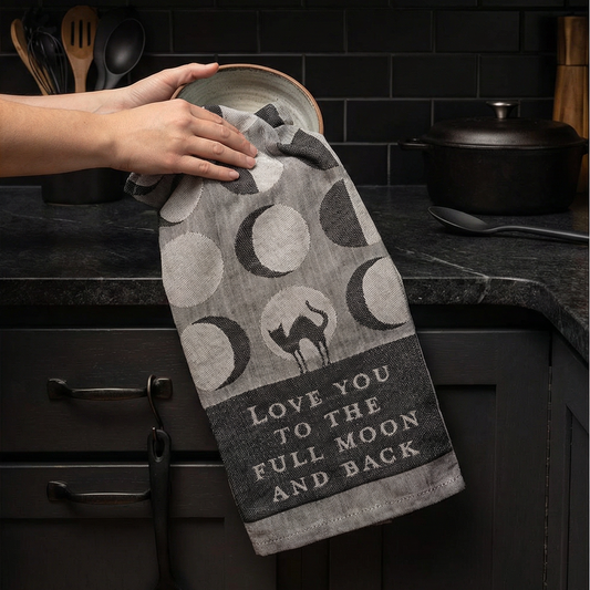 Love You To The Full Moon And Back Kitchen Towel | Gothic Black Cat Mystical Moon Phases | 20" x 28"