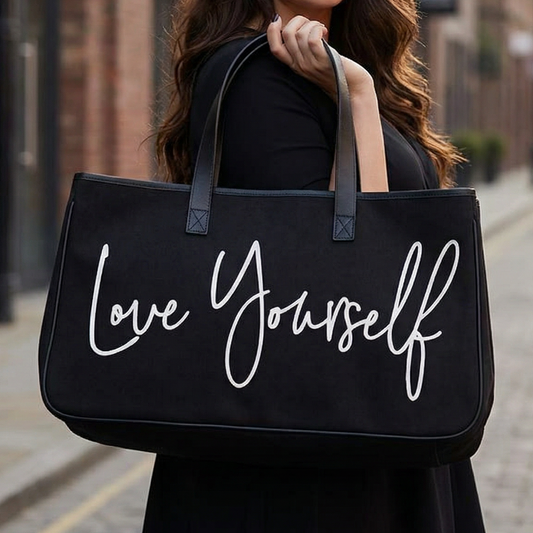Love Yourself Large Rectangular Tote Bag | Genuine Leather Handles