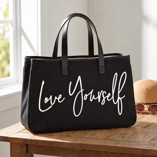 Love Yourself Large Rectangular Tote Bag | Genuine Leather Handles-Slant-The Bullish Store