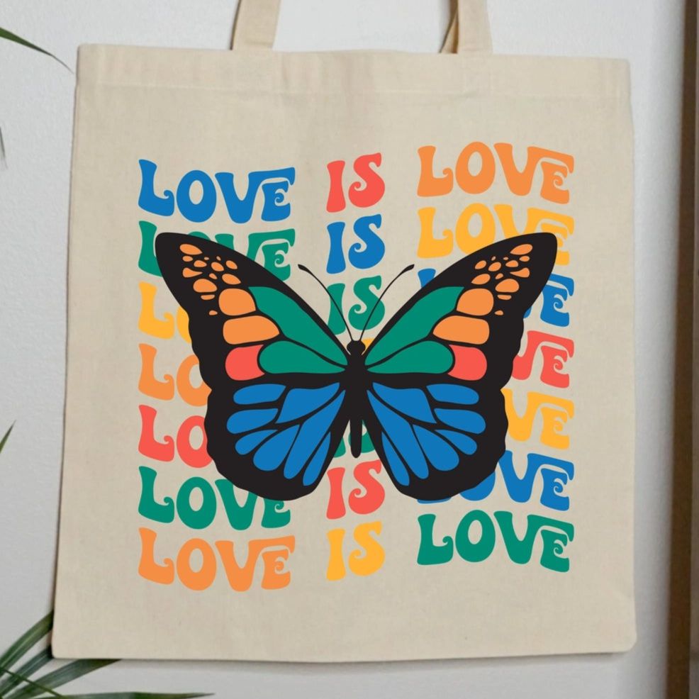 Love is Love Rainbow Butterfly LGBTQ Pride Canvas Tote Bag