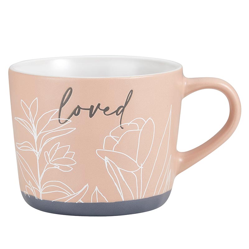 Loved Stoneware Hand Painted Cozy Mug in Peach | Coffee Tea Floral Design Cup | 15oz