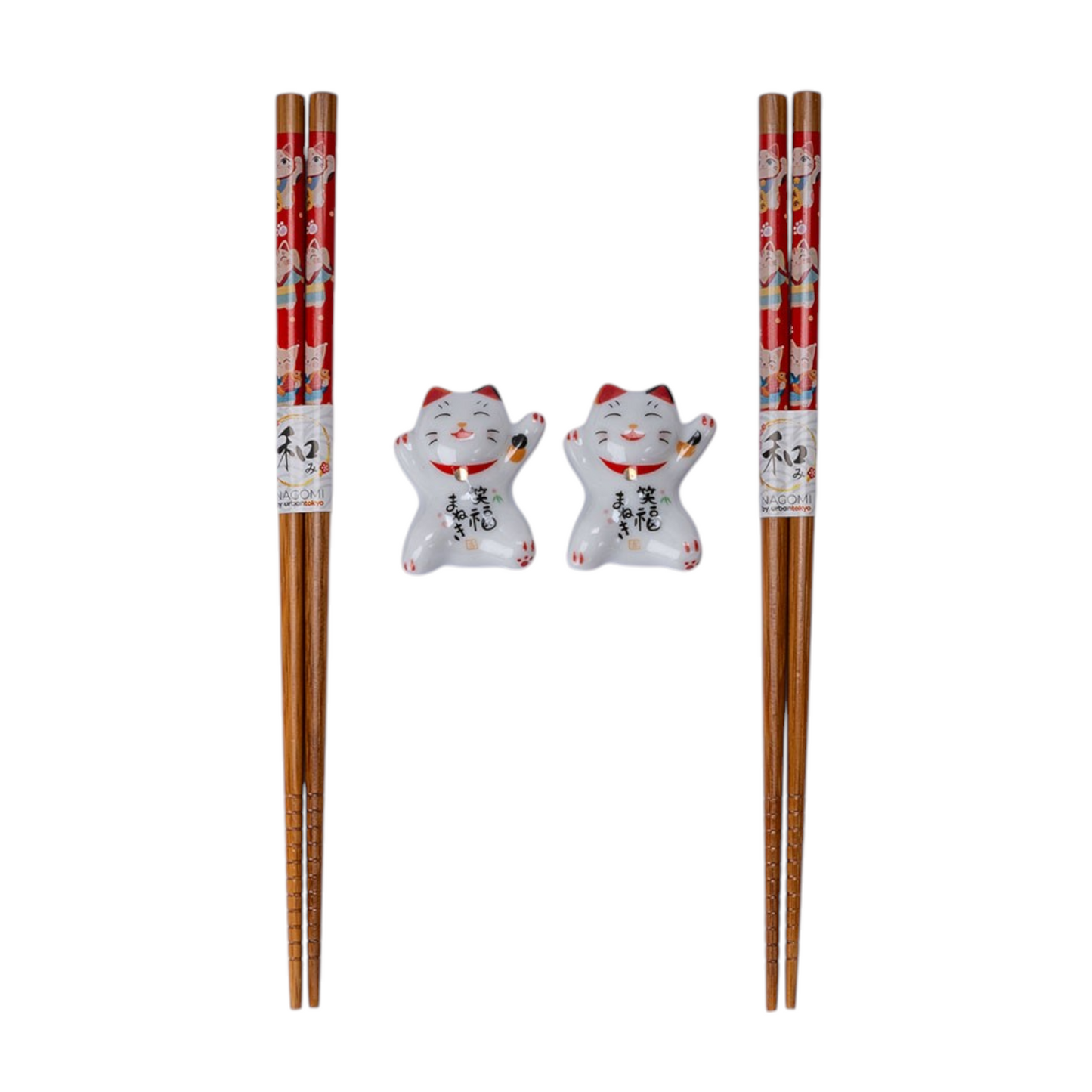 Lucky Cat Neko 2 Pair Chopsticks and Rests Gift Set | Bamboo & Ceramic Japanese Dining Set