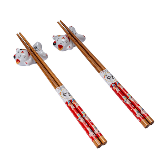 Lucky Cat Neko 2 Pair Chopsticks and Rests Gift Set | Bamboo & Ceramic Japanese Dining Set