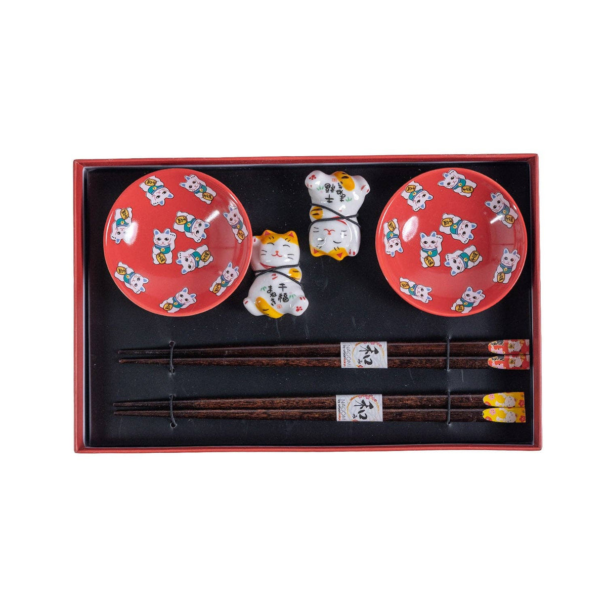 Lucky Cats Chopsticks, Rests and Sauce Dishes Gift Set | 2 Pairs