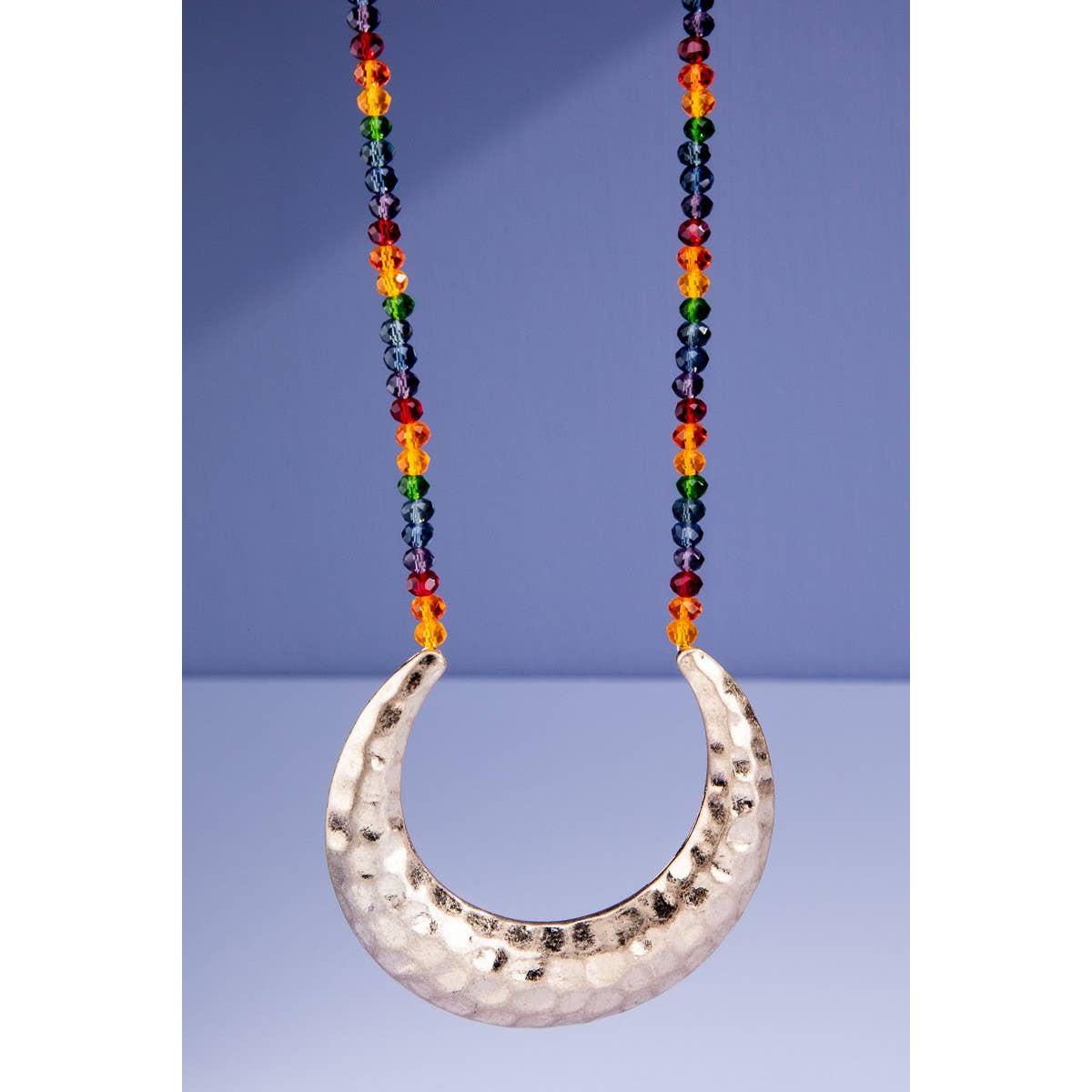 Luna Beaded Rainbow Necklace | Silver Witchy Crescent Moon Long Statement Necklace