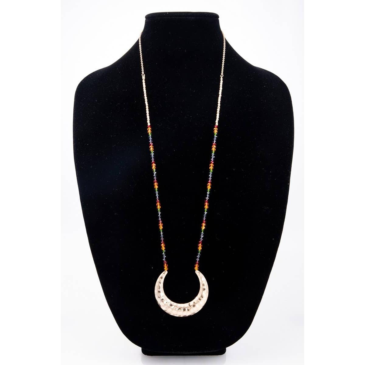 Luna Beaded Rainbow Necklace | Silver Witchy Crescent Moon Long Statement Necklace