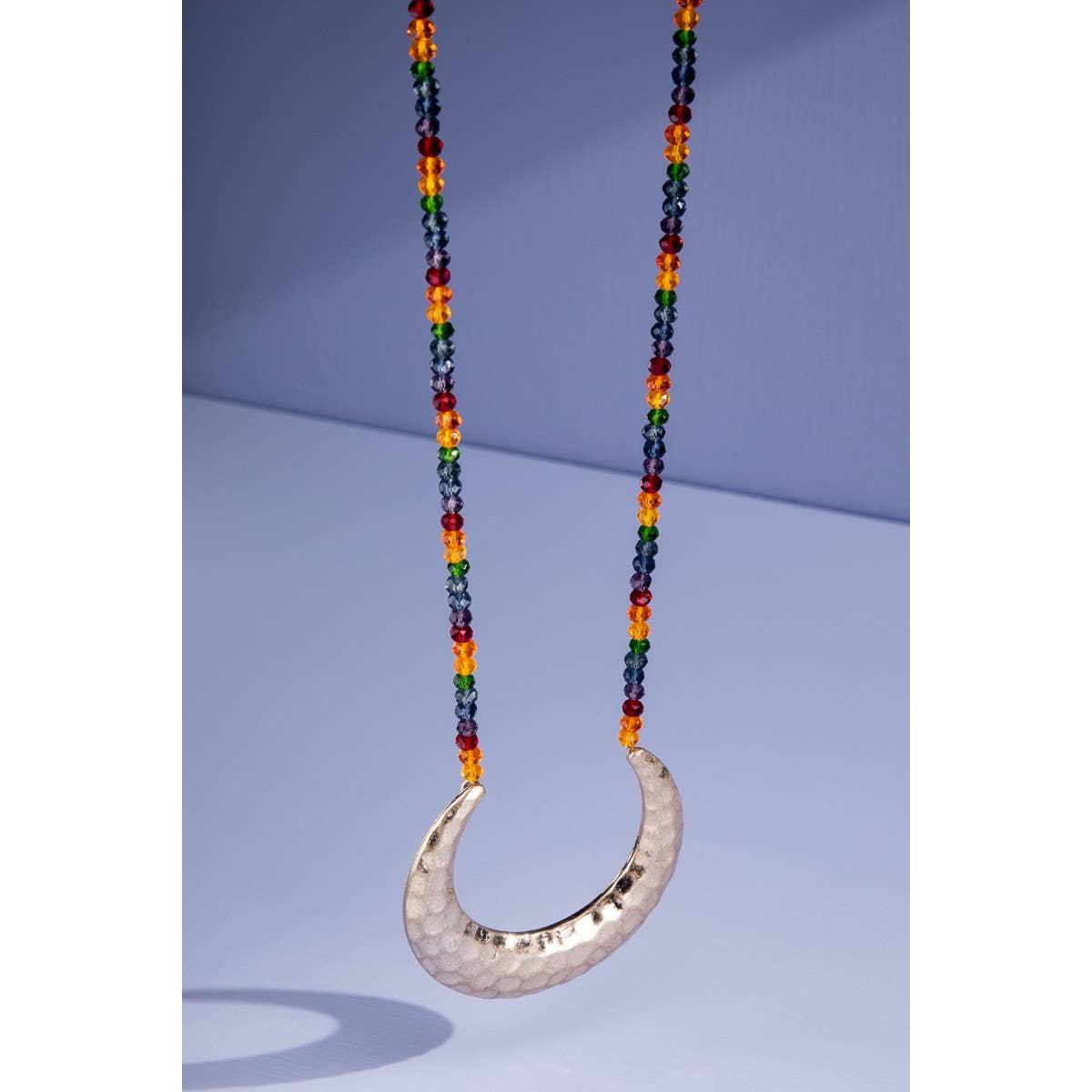 Luna Beaded Rainbow Necklace | Silver Witchy Crescent Moon Long Statement Necklace