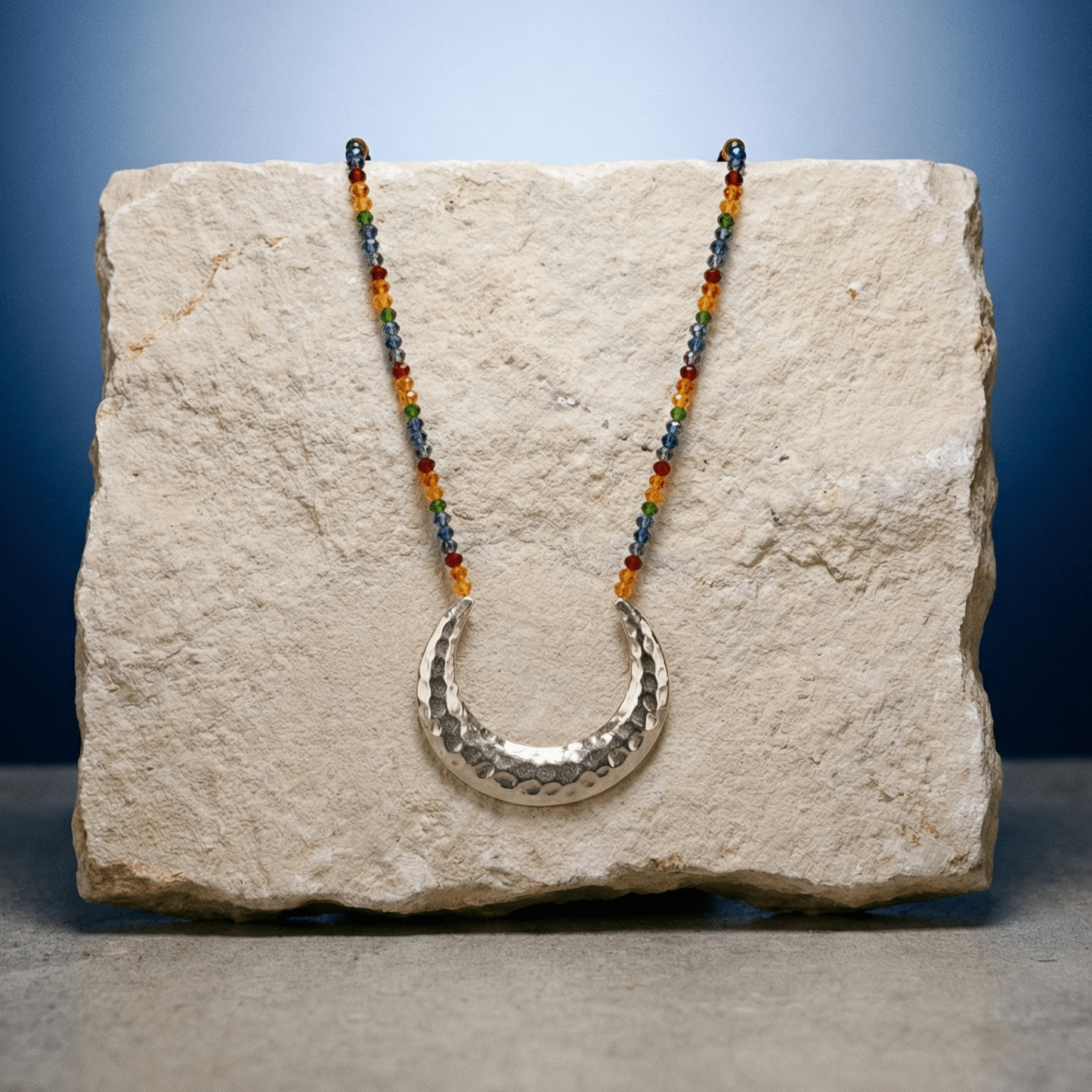 Luna Beaded Rainbow Necklace | Silver Witchy Crescent Moon Long Statement Necklace