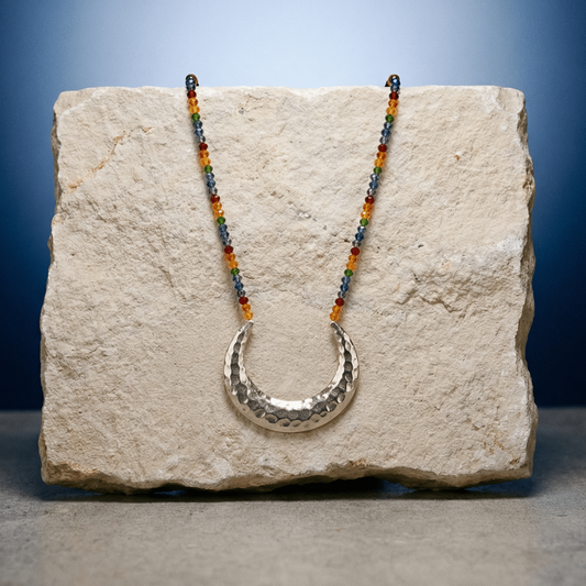 Luna Beaded Rainbow Necklace | Silver Witchy Crescent Moon Long Statement Necklace
