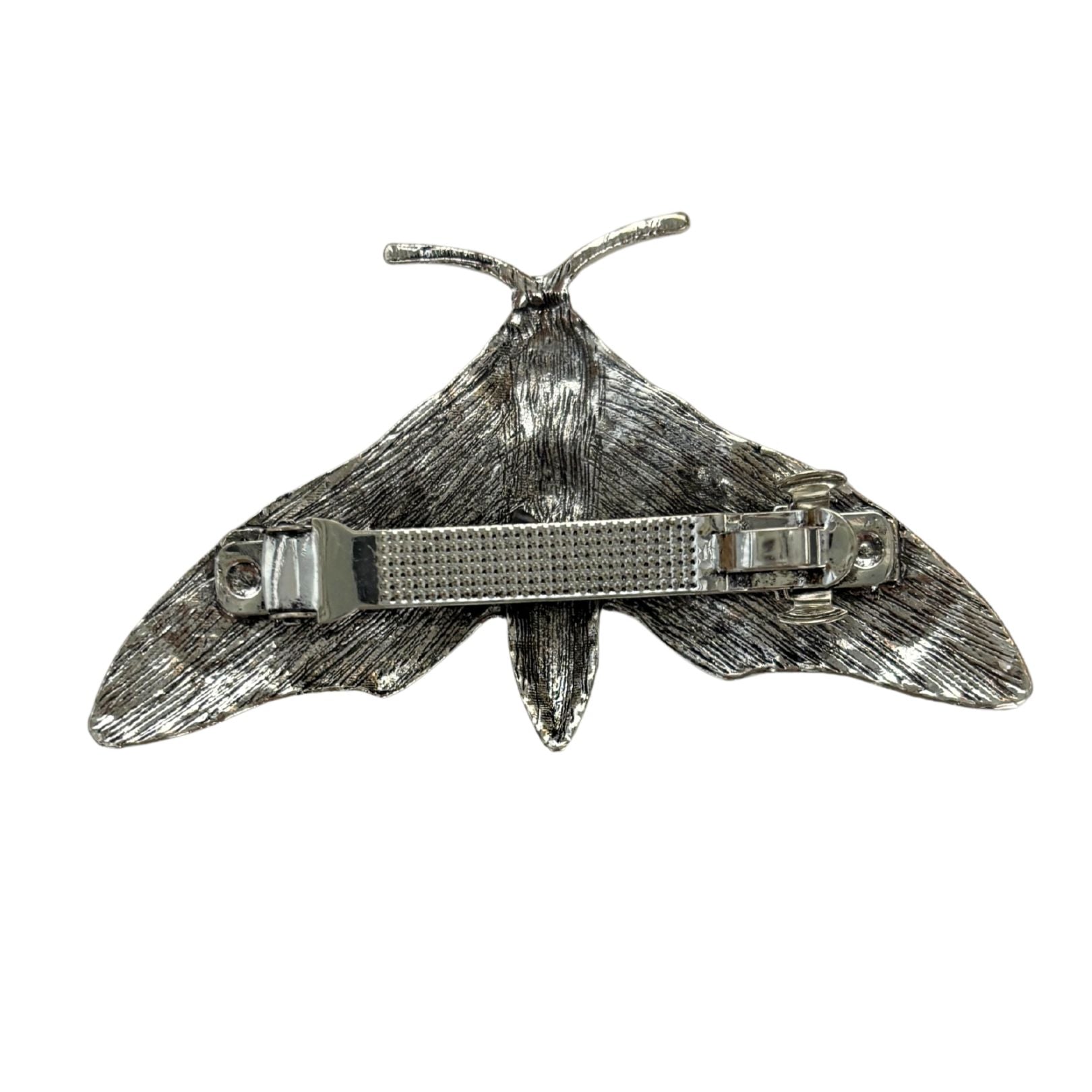 Luna Moth Silver Metal Barrette | Celestial Hair Clip with Squeeze-Tab Closure