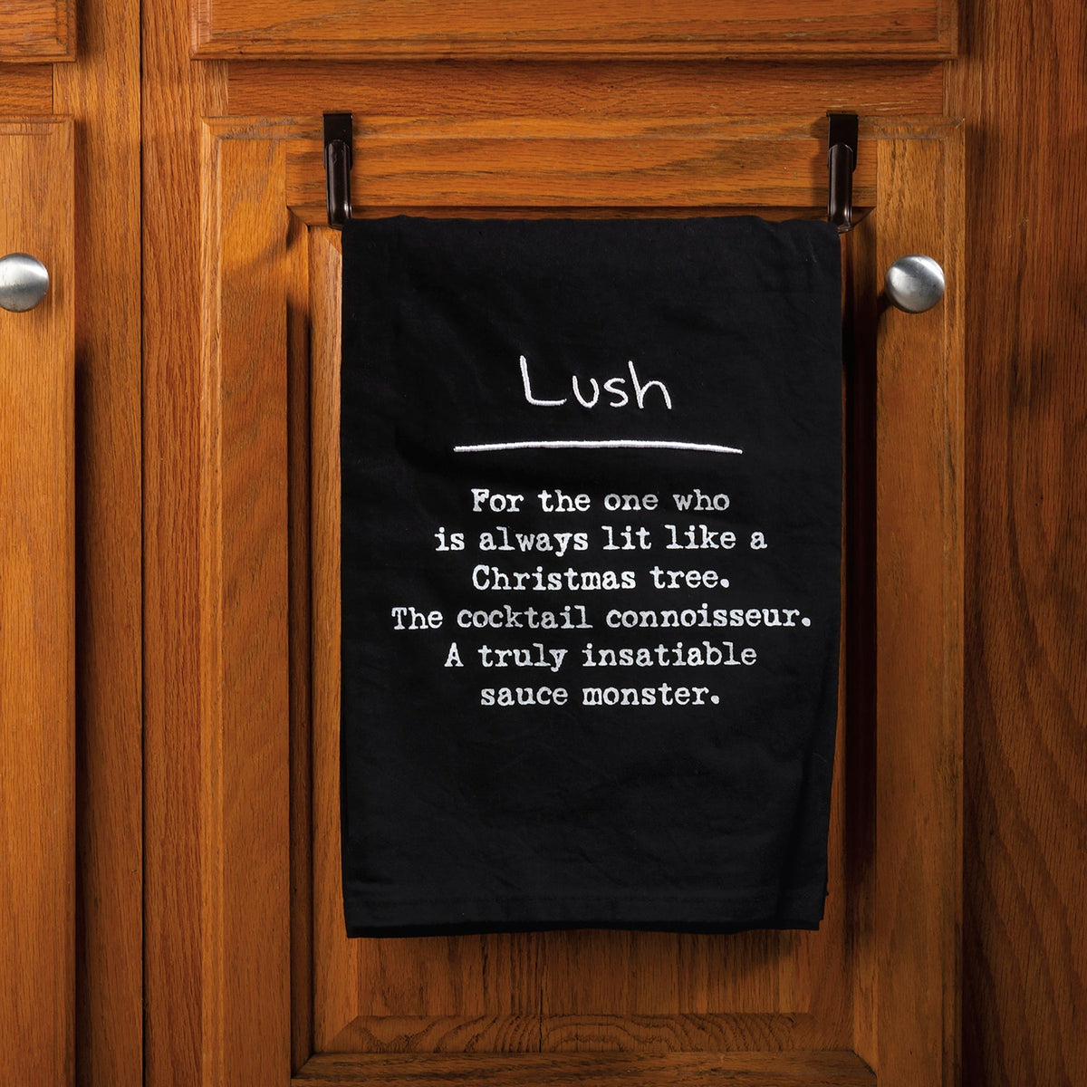 Lush - The One Who's Lit Like a Christmas Tree Funny Black Cotton Dish Cloth Towel | 28" x 28"
