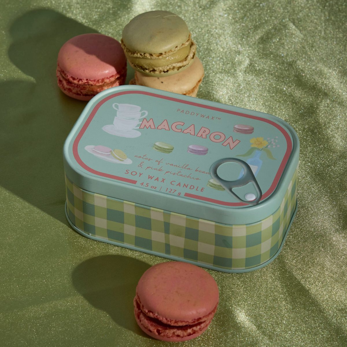 Macaron Bistro Tin Candle | 4.5 oz Two-Wick | Pink Pistachio | Paddywax