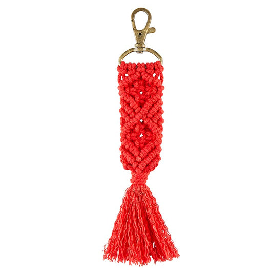 Macramé Keychain in Red | Holiday Tasseled Key Ring Bag Purse Charm | 6.75"