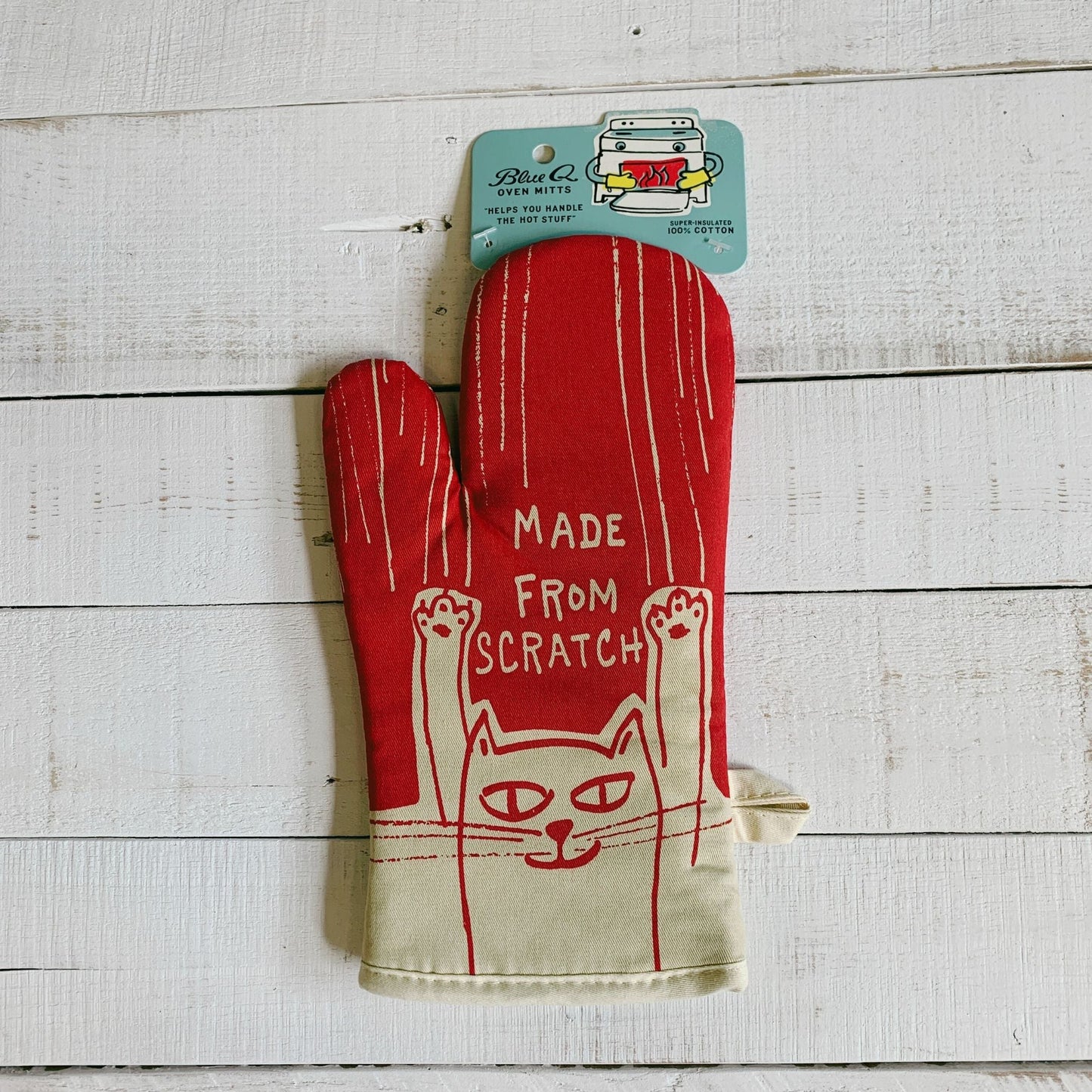 Made from Scratch Oven Mitt in Red and White Cat Design