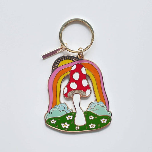 Magic Mushroom Brass and Enamel Keychain | Enchanting Toadstool Fungi Key Ring Holder