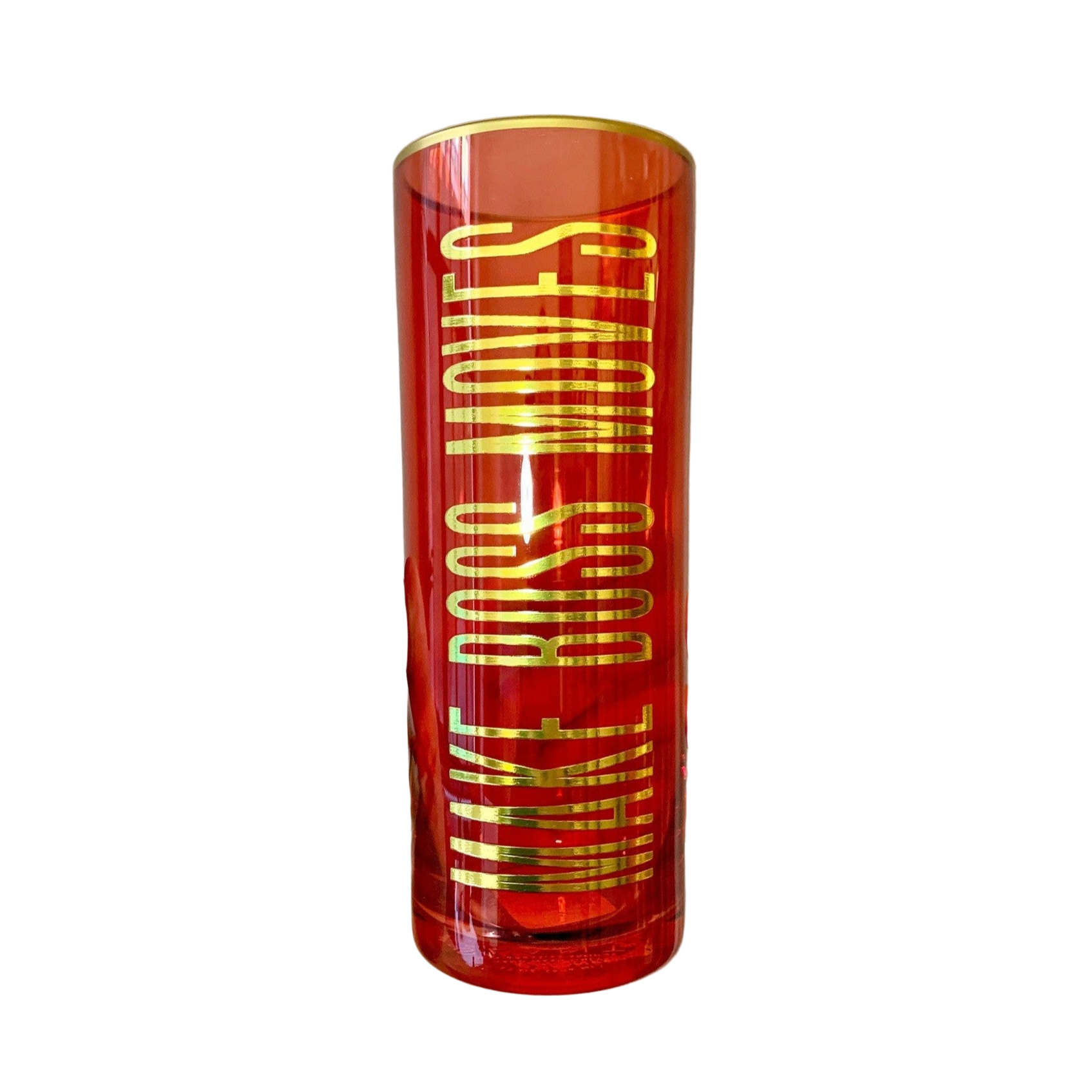 Red tumbler with gold text on a white background
