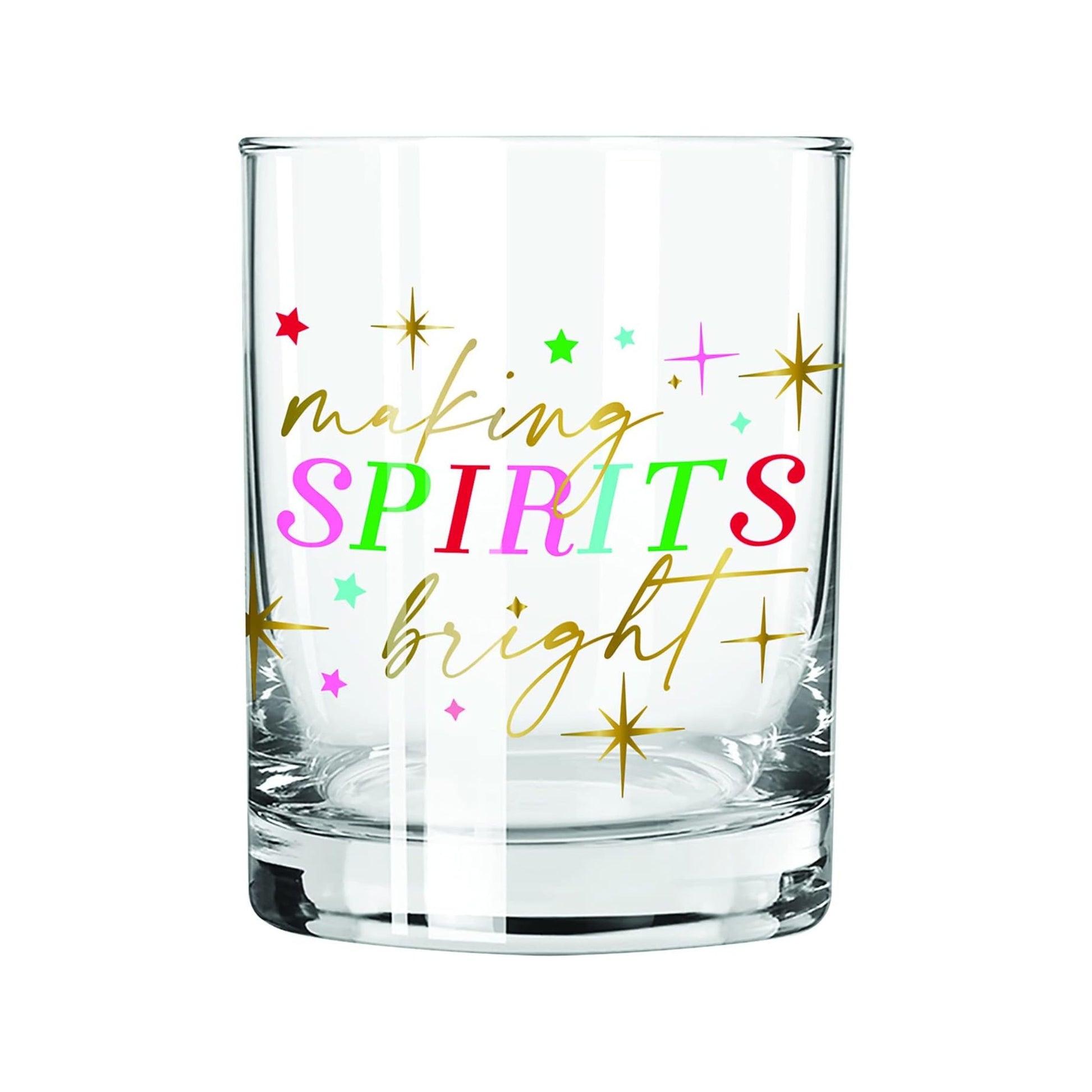 Clear glass with colorful text 'making spirits bright' on a white background