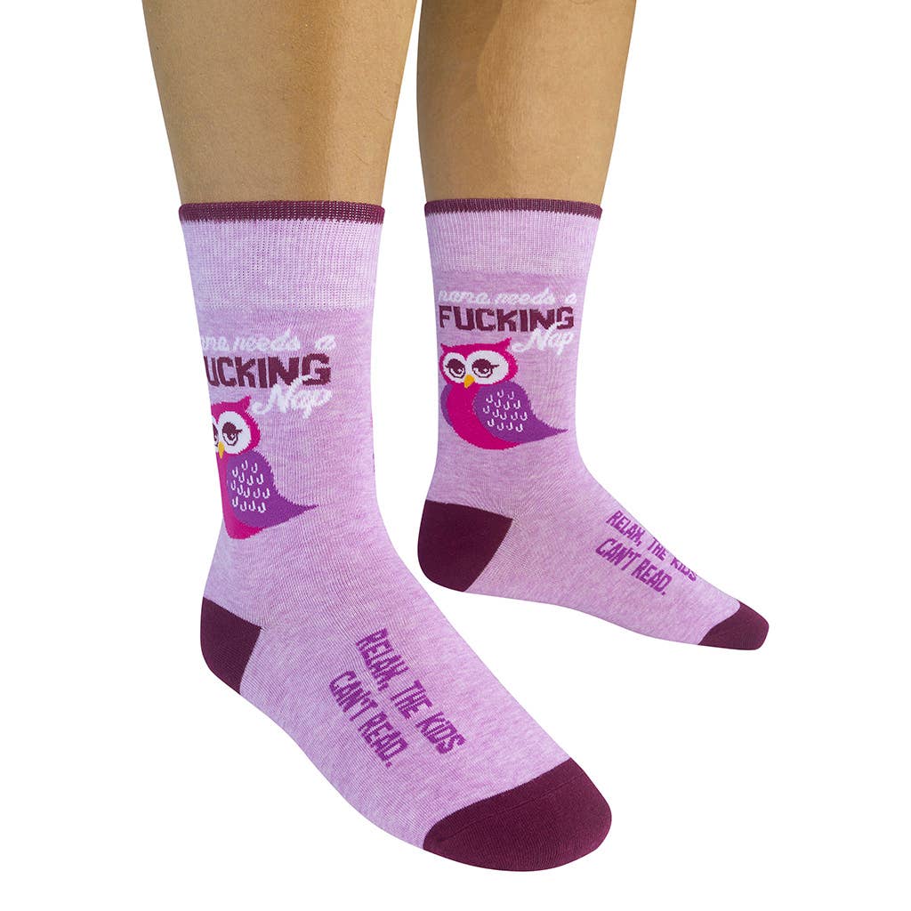 Mama Needs A F****ng Nap (Relax, the Kids Can't Read) Owl Socks in Purple | Funny Mom's Socks