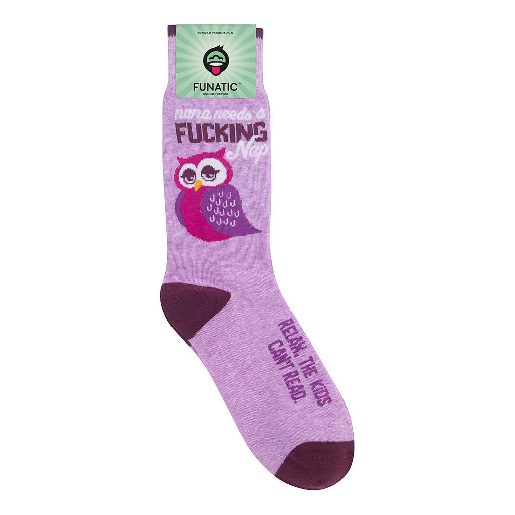 Mama Needs A F****ng Nap (Relax, the Kids Can't Read) Owl Socks in Purple | Funny Mom's Socks