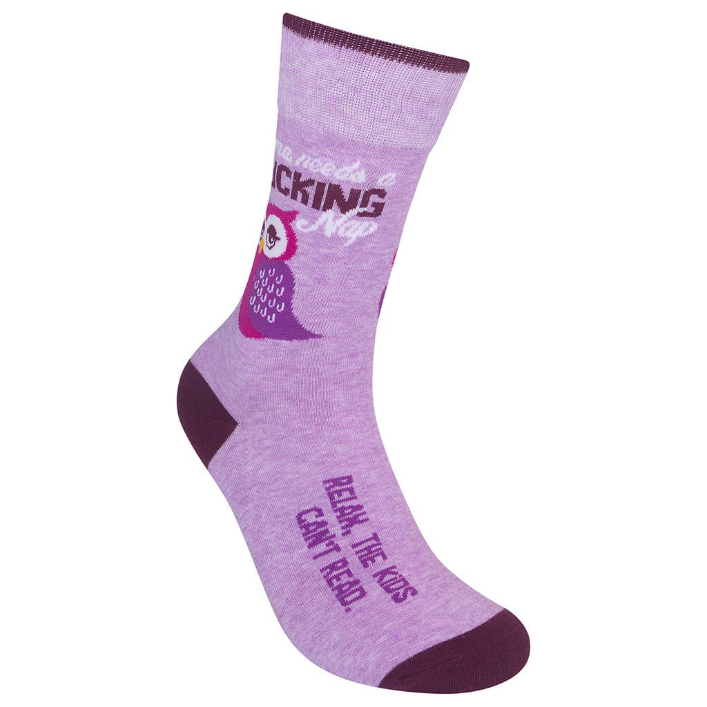 Mama Needs A F****ng Nap (Relax, the Kids Can't Read) Owl Socks in Purple | Funny Mom's Socks