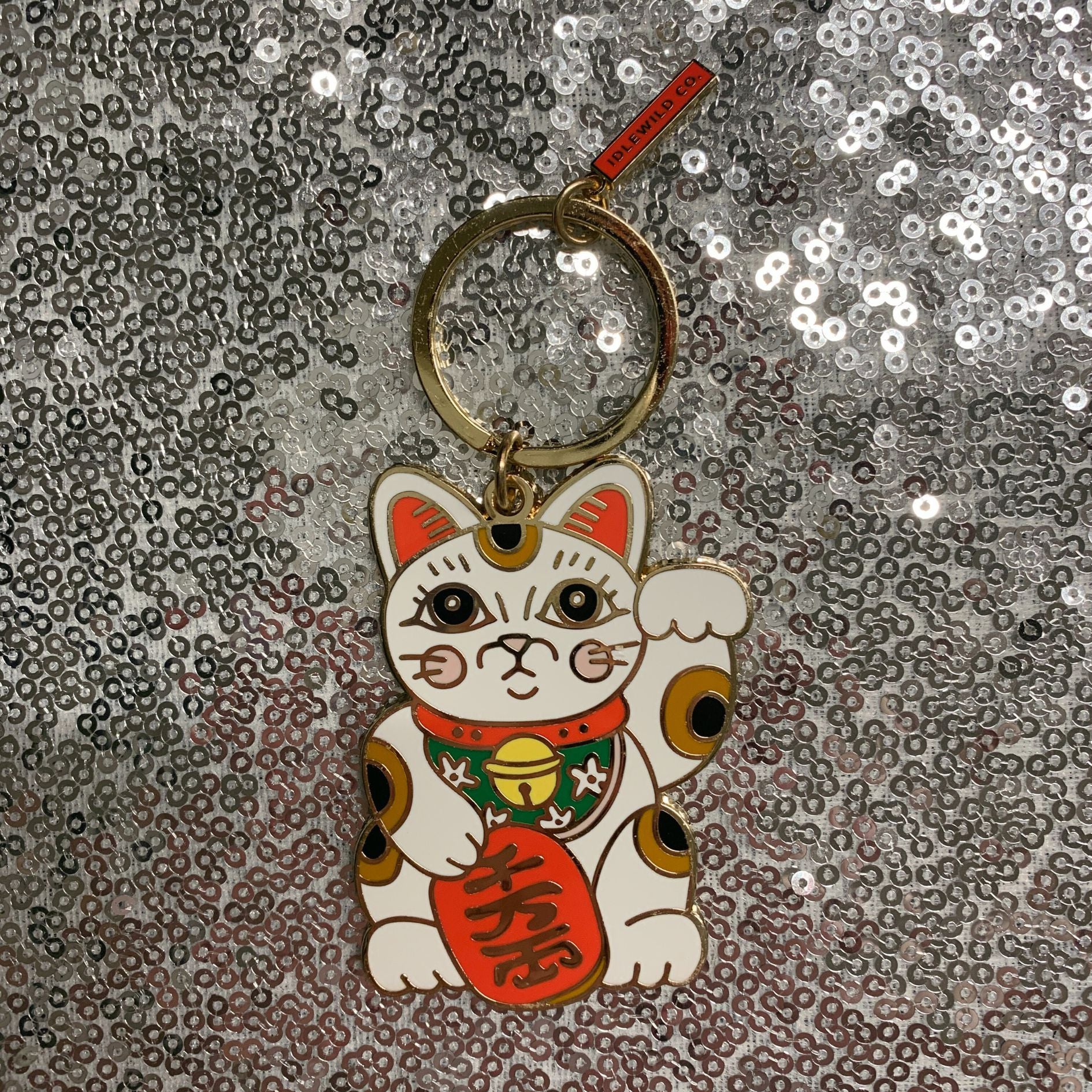 Maneki Neko Cute Cat Brass and Enamel Keychain | Good Luck Charm Key Ring Holder