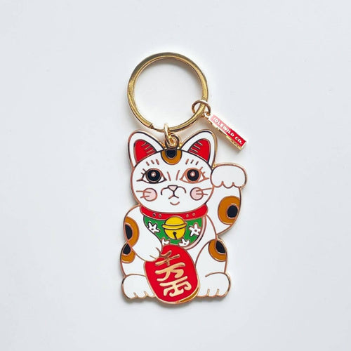 Maneki Neko Cute Cat Brass and Enamel Keychain | Good Luck Charm Key Ring Holder