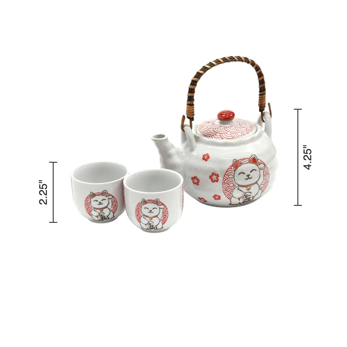 Size chart: teapot 4.25 inches tall, cups 2.25 inches tall