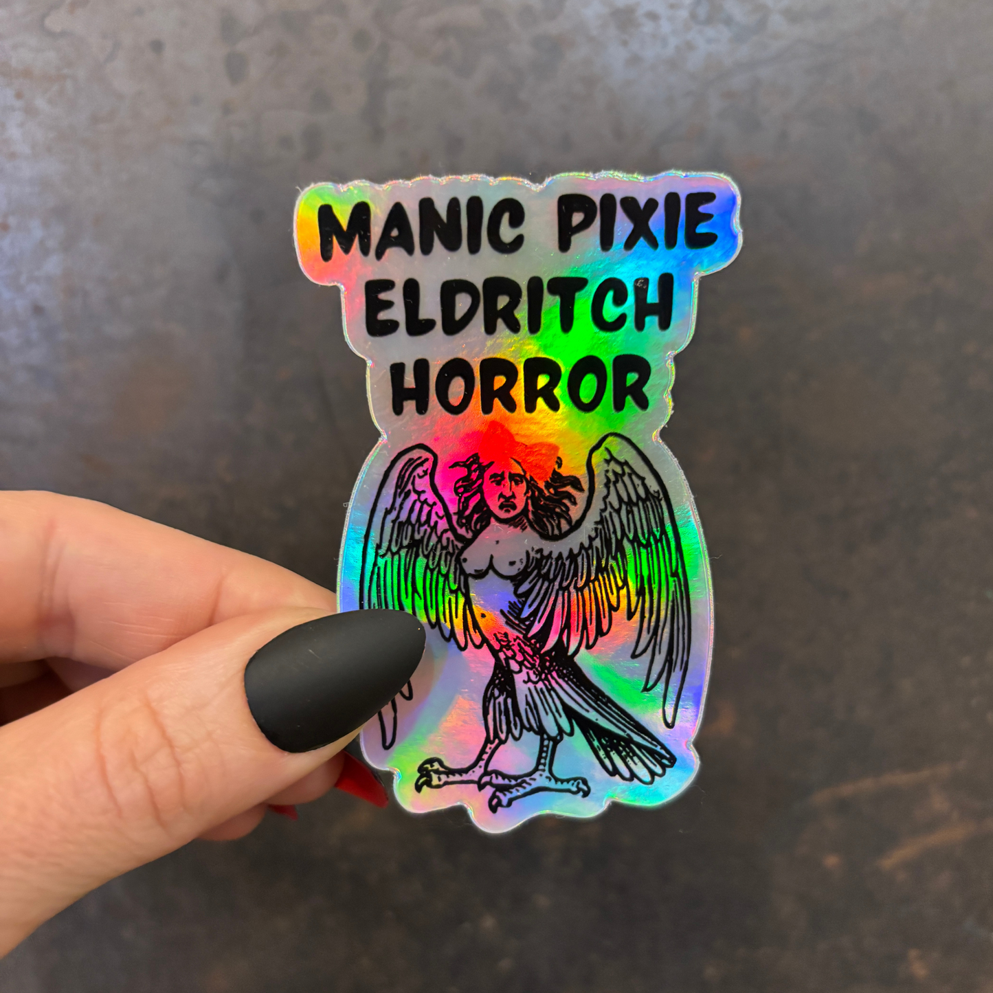 Manic Pixie Eldritch Horror Holographic Rainbow Vinyl Sticker | Vinyl Die Cut Decal