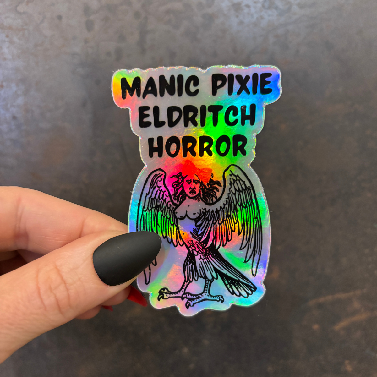 Manic Pixie Eldritch Horror Holographic Rainbow Vinyl Sticker | Vinyl Die Cut Decal