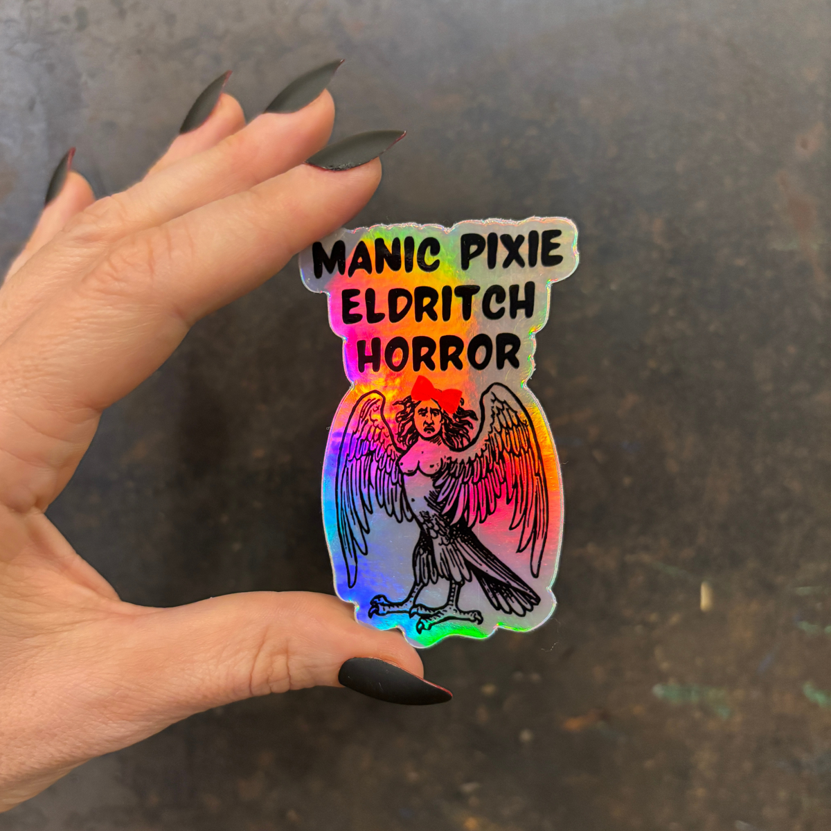 Manic Pixie Eldritch Horror Holographic Rainbow Vinyl Sticker | Vinyl Die Cut Decal