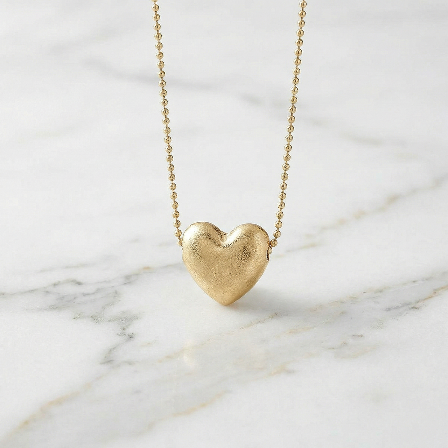 Margo Puffy Heart Necklace in Worn Gold | Bead Chain Style Pendant Fashion Jewelry
