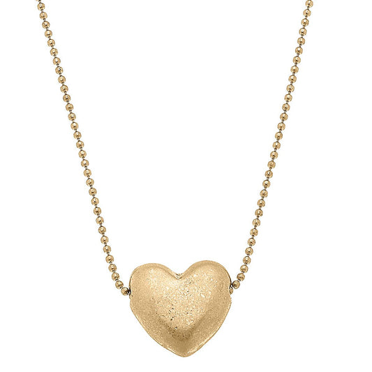 Margo Puffy Heart Necklace in Worn Gold | Bead Chain Style Pendant Fashion Jewelry