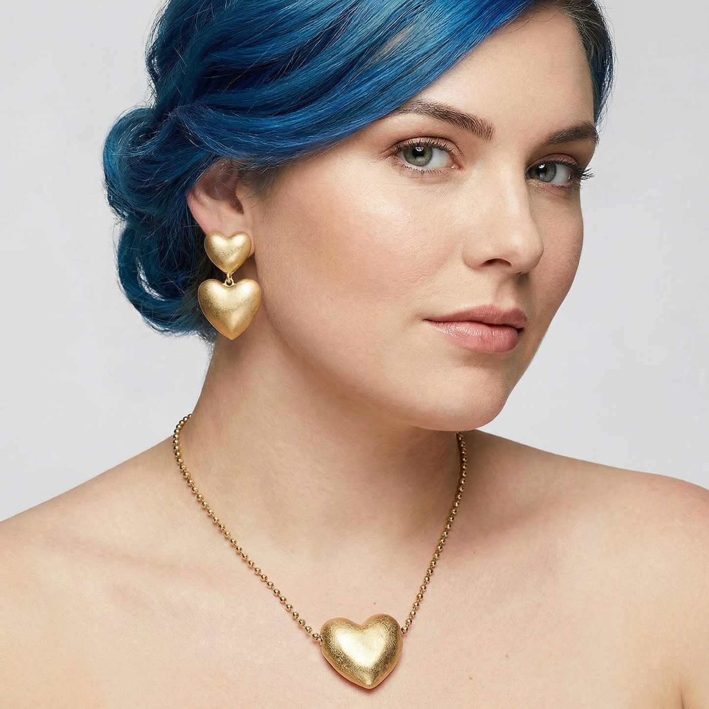 Margo Puffy Heart Statement Earrings in Worn Gold | Vintage Style Fashion Jewelry