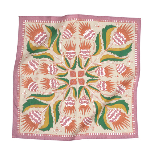 Martha Bandana in Tan with Orange and Green Flowers | 22" x 22" Premium Cotton Handkerchief