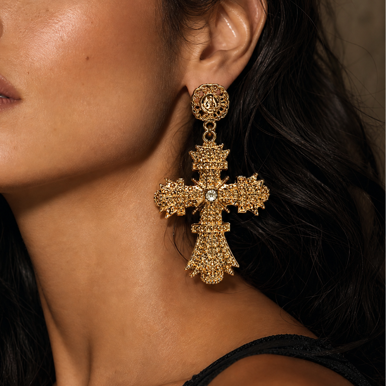 Massively Gothic Gold Cross Earrings | Baroque Statement Earrings | 3.25" Post Backs-Paper & Quartz-The Bullish Store