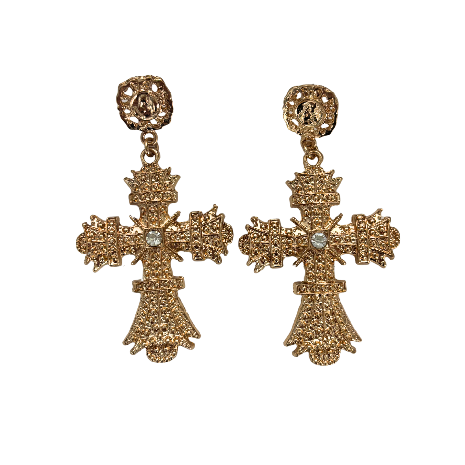 Massively Gothic Gold Cross Earrings | Baroque Statement Earrings | 3.25" Post Backs