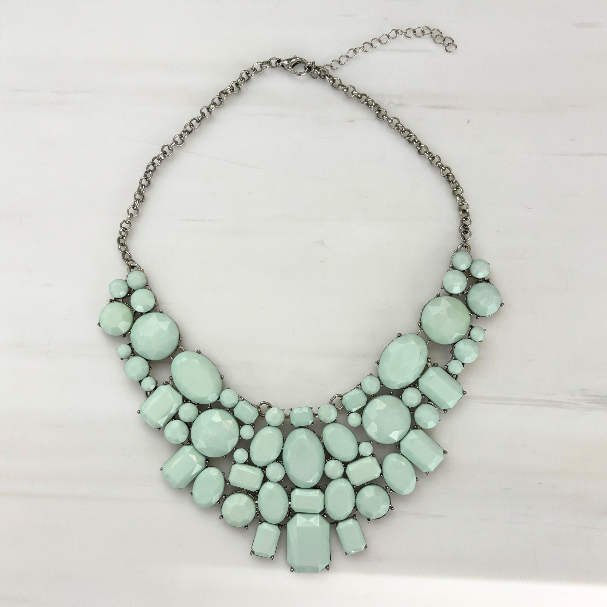 Massively Mint Statement Necklace | Faceted Mint Gems | Intricate Silvertone Bib-Paper & Quartz-The Bullish Store