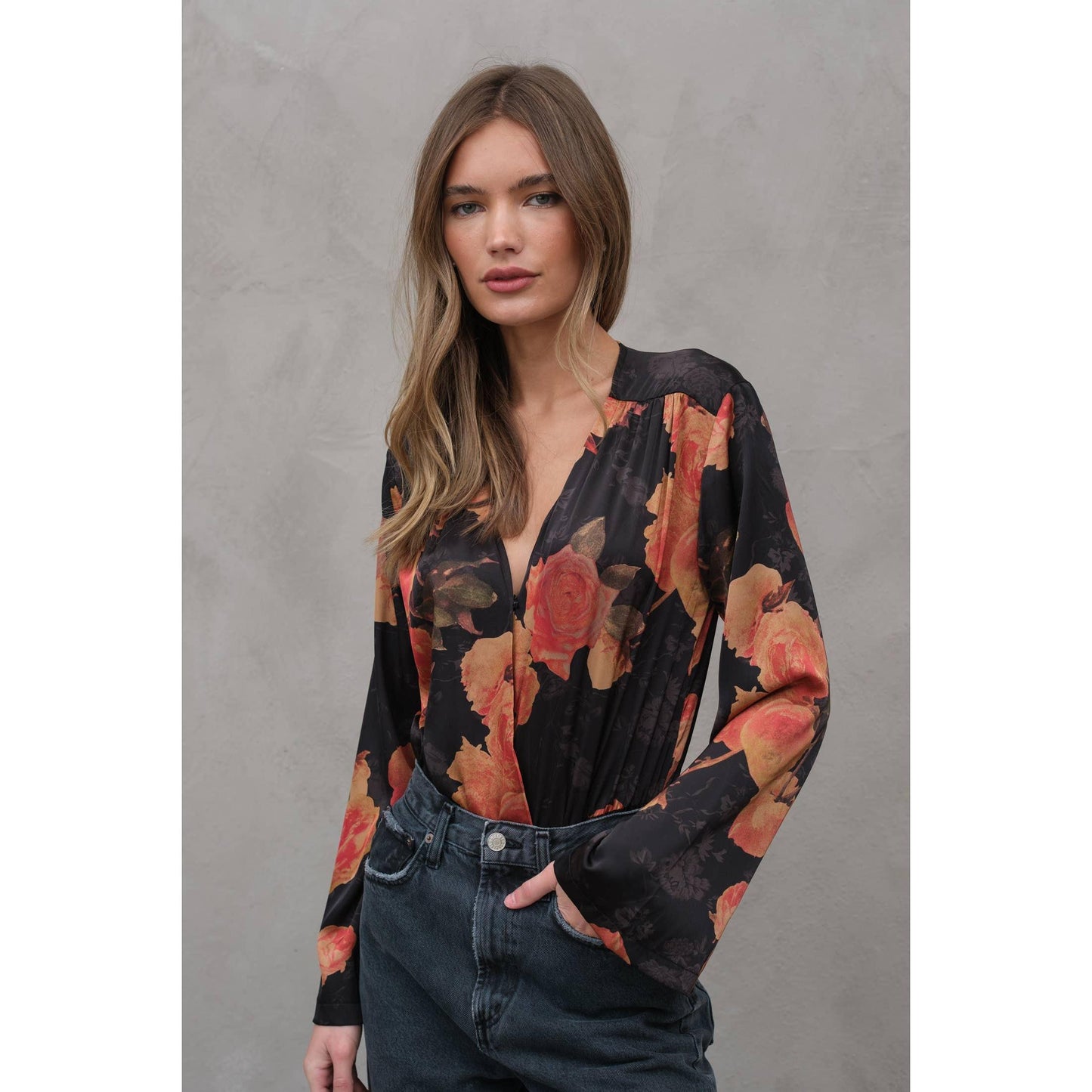 Maya Silky Floral Bodysuit in Black [Sizes XS-XL]