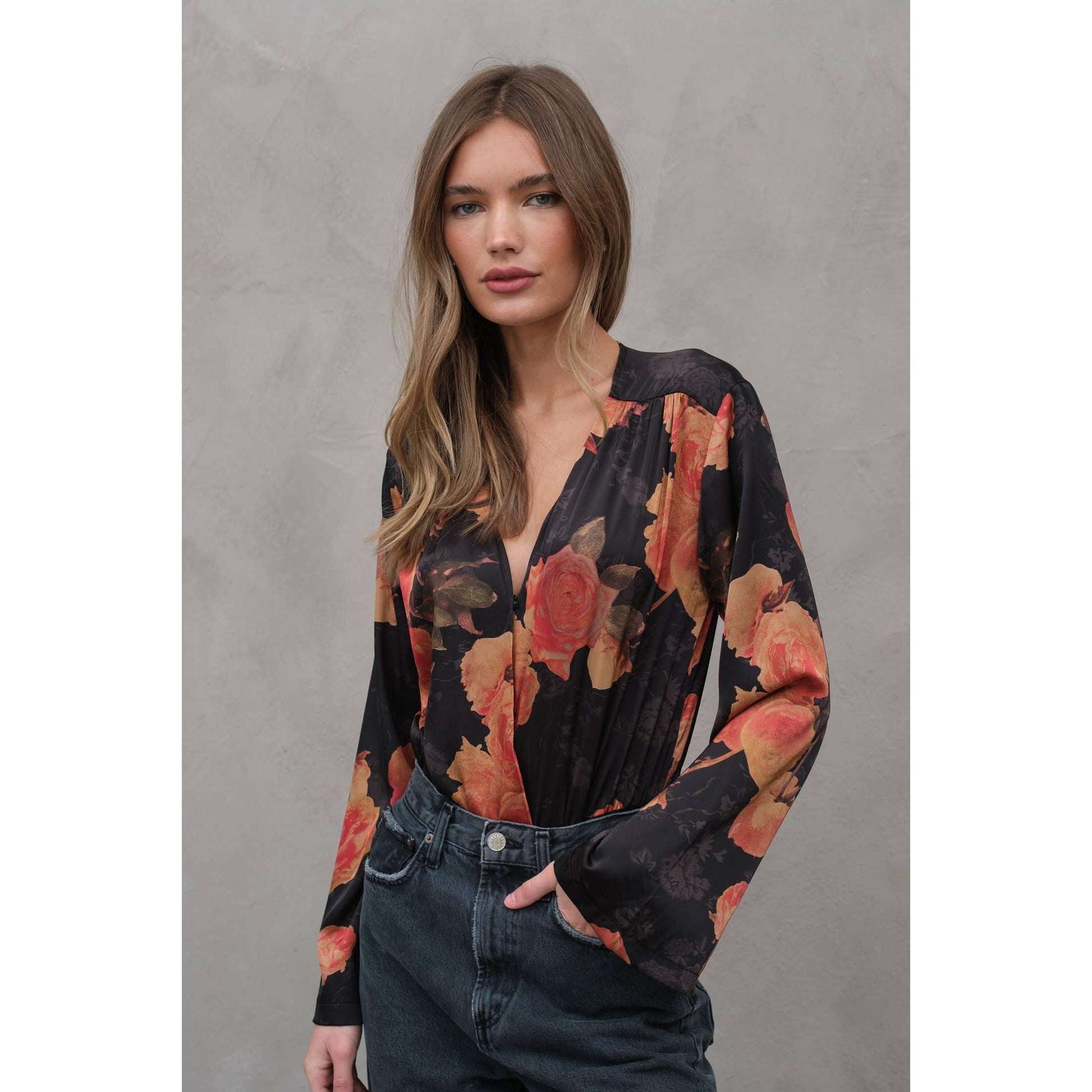 Maya Silky Floral Bodysuit in Black [Sizes XS-XL]