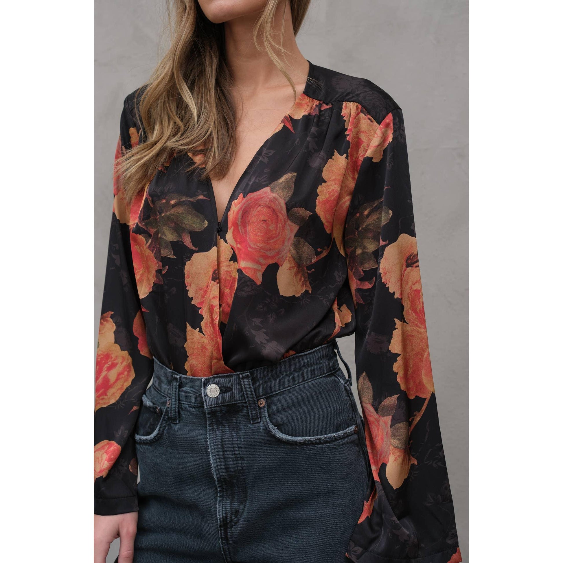 Maya Silky Floral Bodysuit in Black [Sizes XS-XL]