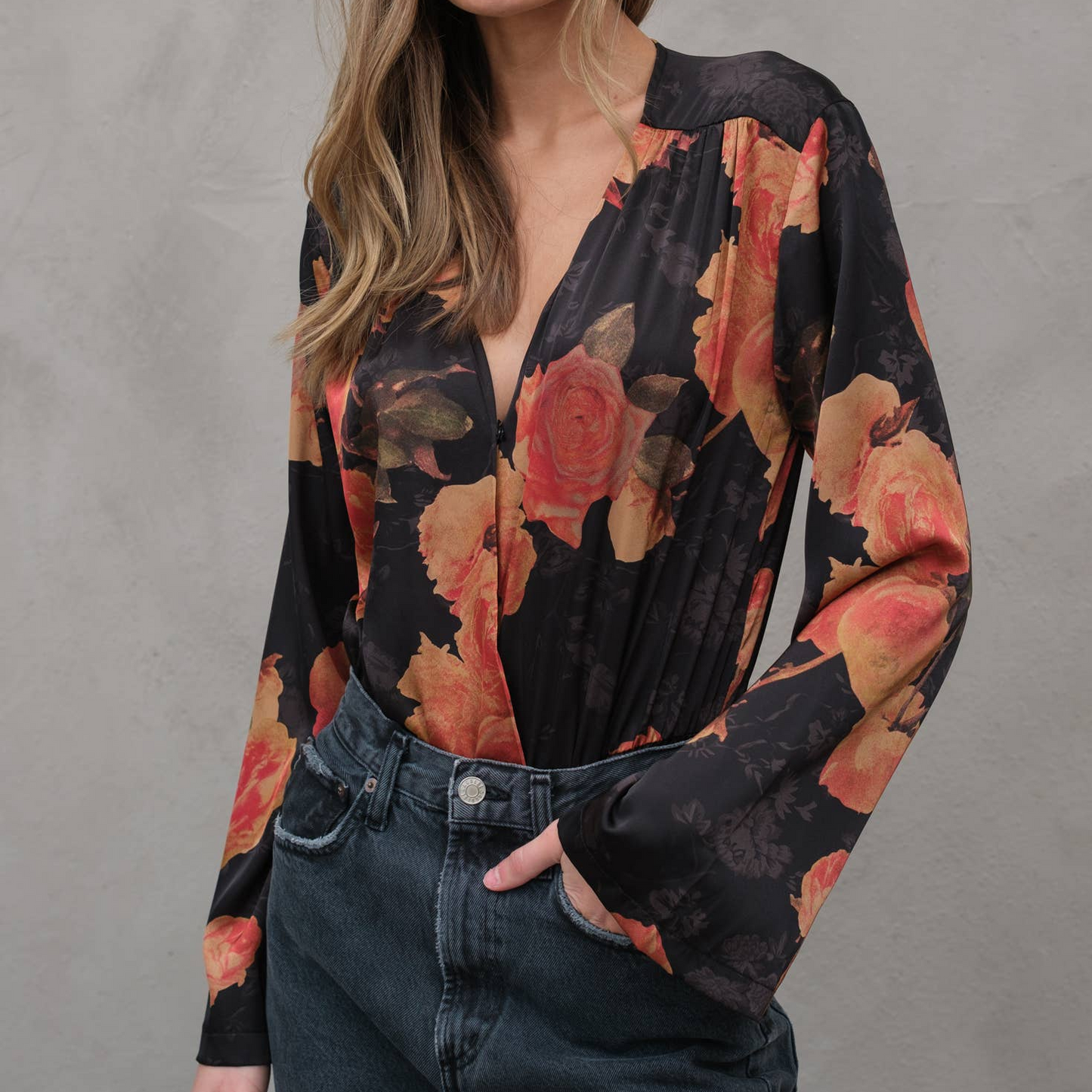 Maya Silky Floral Bodysuit in Black [Sizes XS-XL]