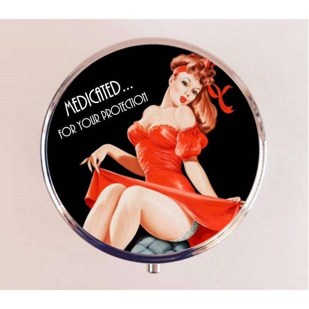 Medicated for Your Protection Pill Box | Handmade 2.25" Round Pill Case | Retro Pinup Art