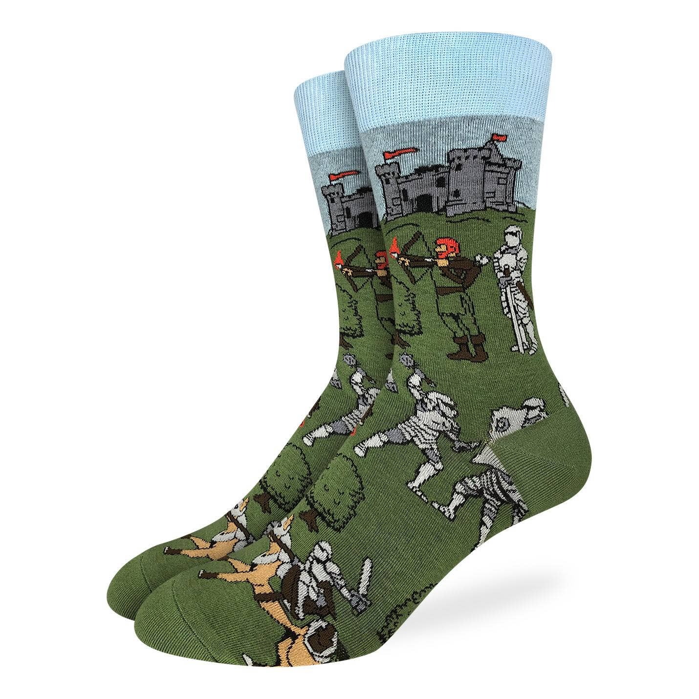 Medieval Knights Men's Green Socks | Fun Battle Scene Crew Socks