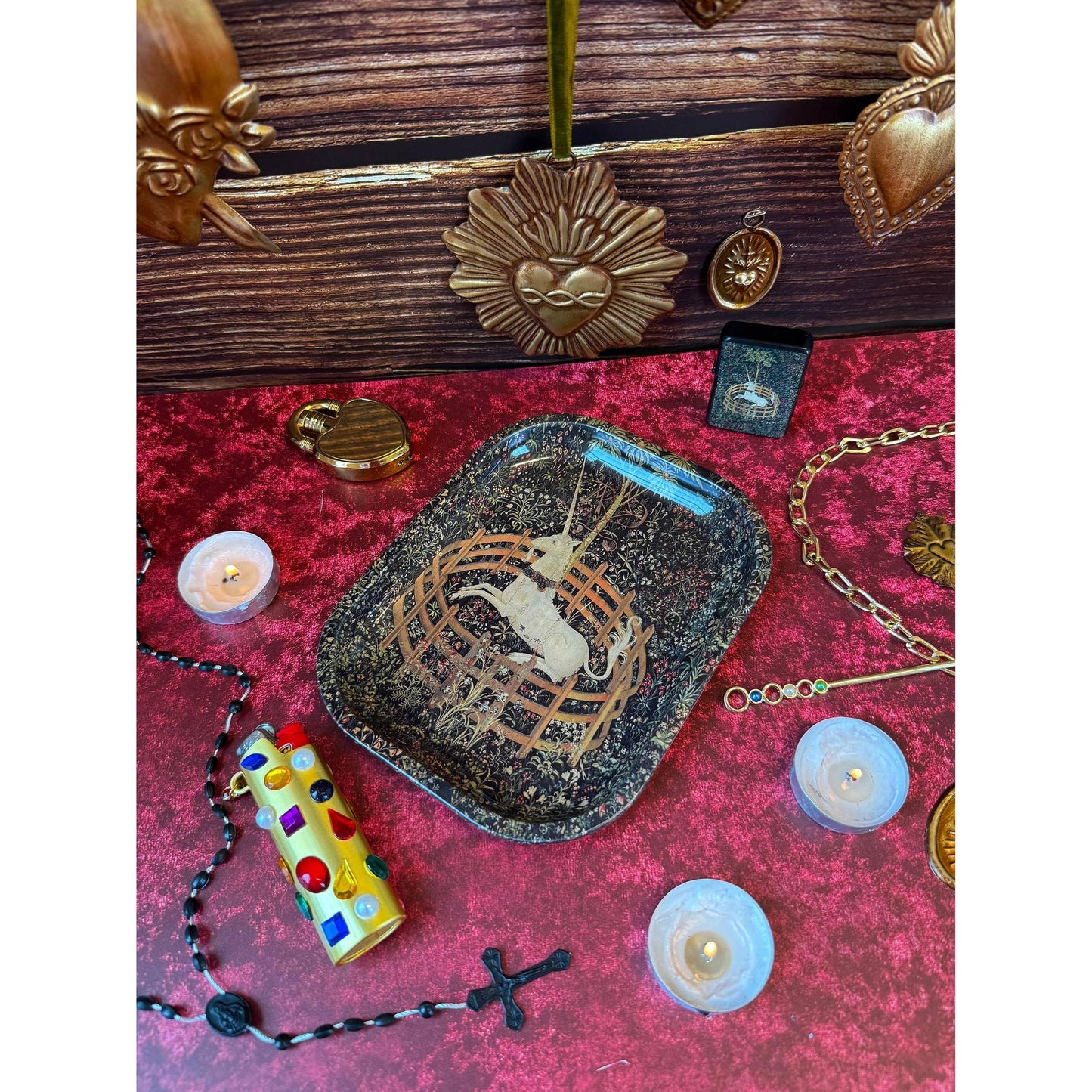 Medieval Tapestry Unicorn Tray | Enchanted Castle Trinket Tray | Vintage Floral Unicorn Catchall Dish