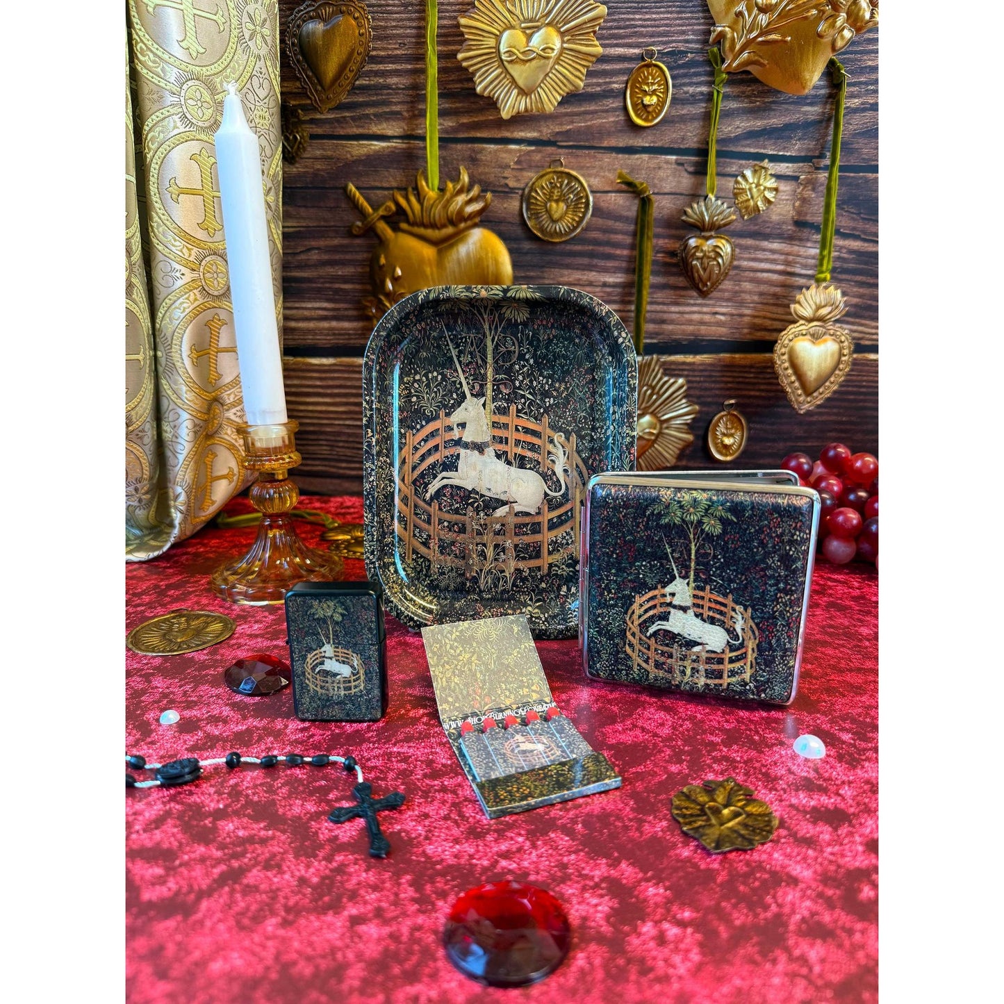 Medieval Tapestry Unicorn Tray | Enchanted Castle Trinket Tray | Vintage Floral Unicorn Catchall Dish