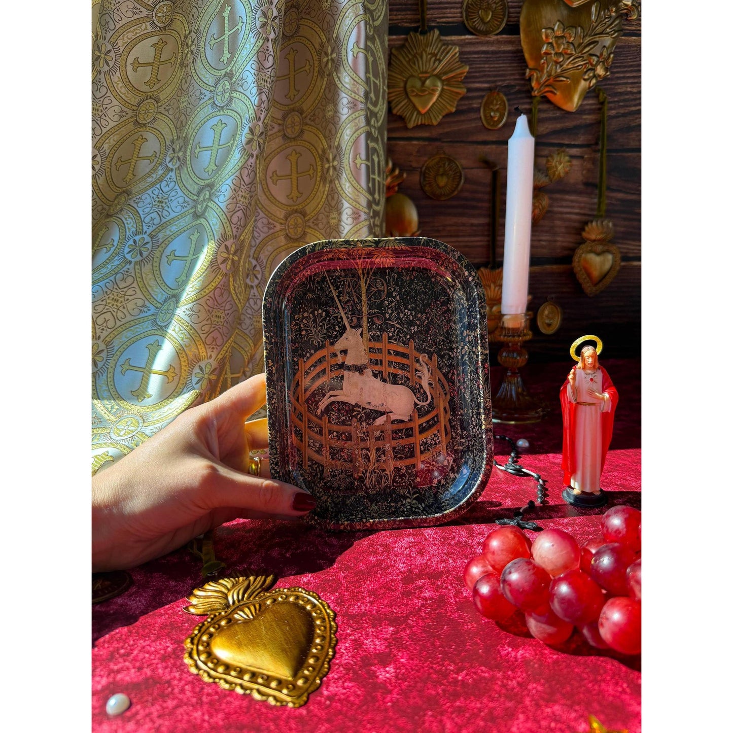 Medieval Tapestry Unicorn Tray | Enchanted Castle Trinket Tray | Vintage Floral Unicorn Catchall Dish