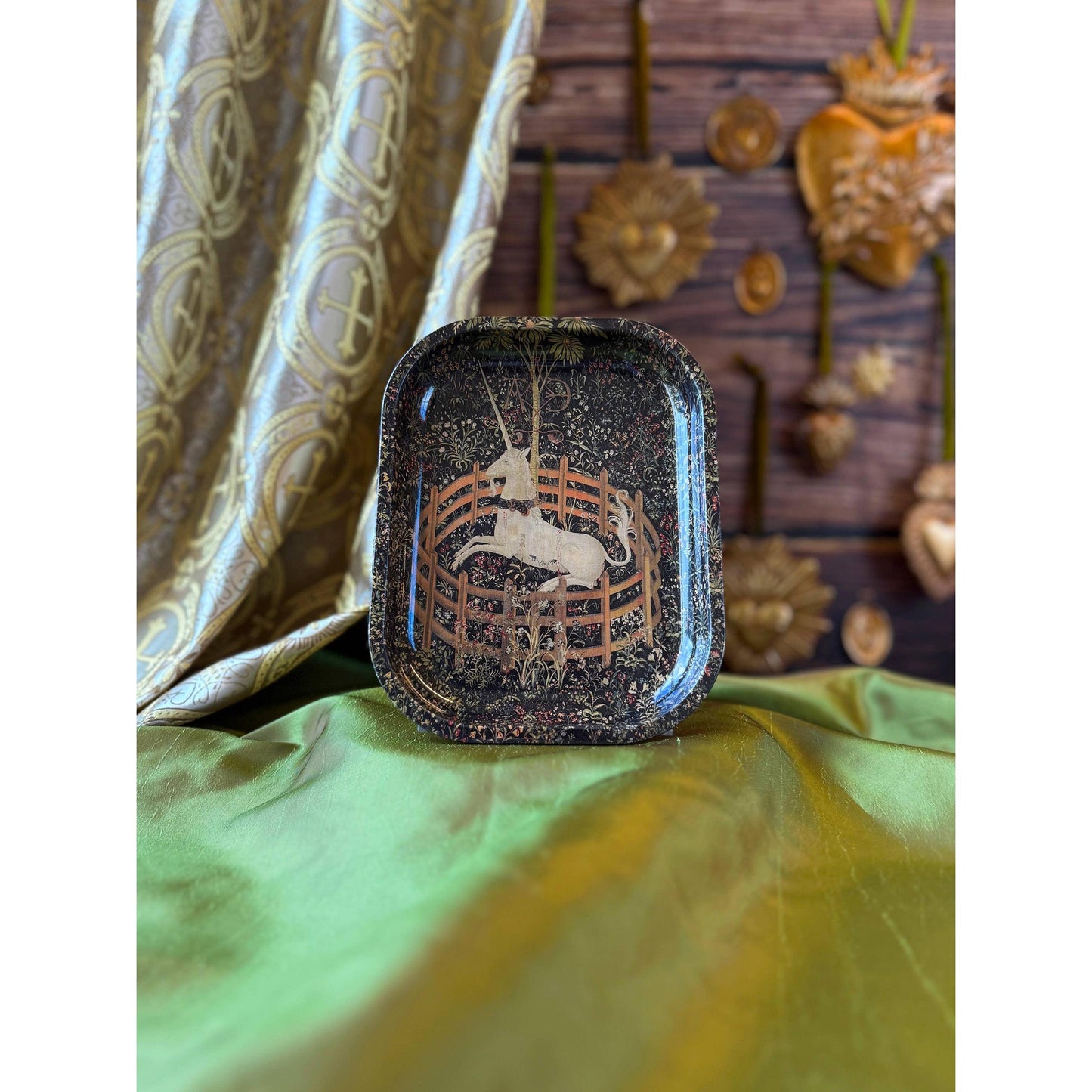 Medieval Tapestry Unicorn Tray | Enchanted Castle Trinket Tray | Vintage Floral Unicorn Catchall Dish