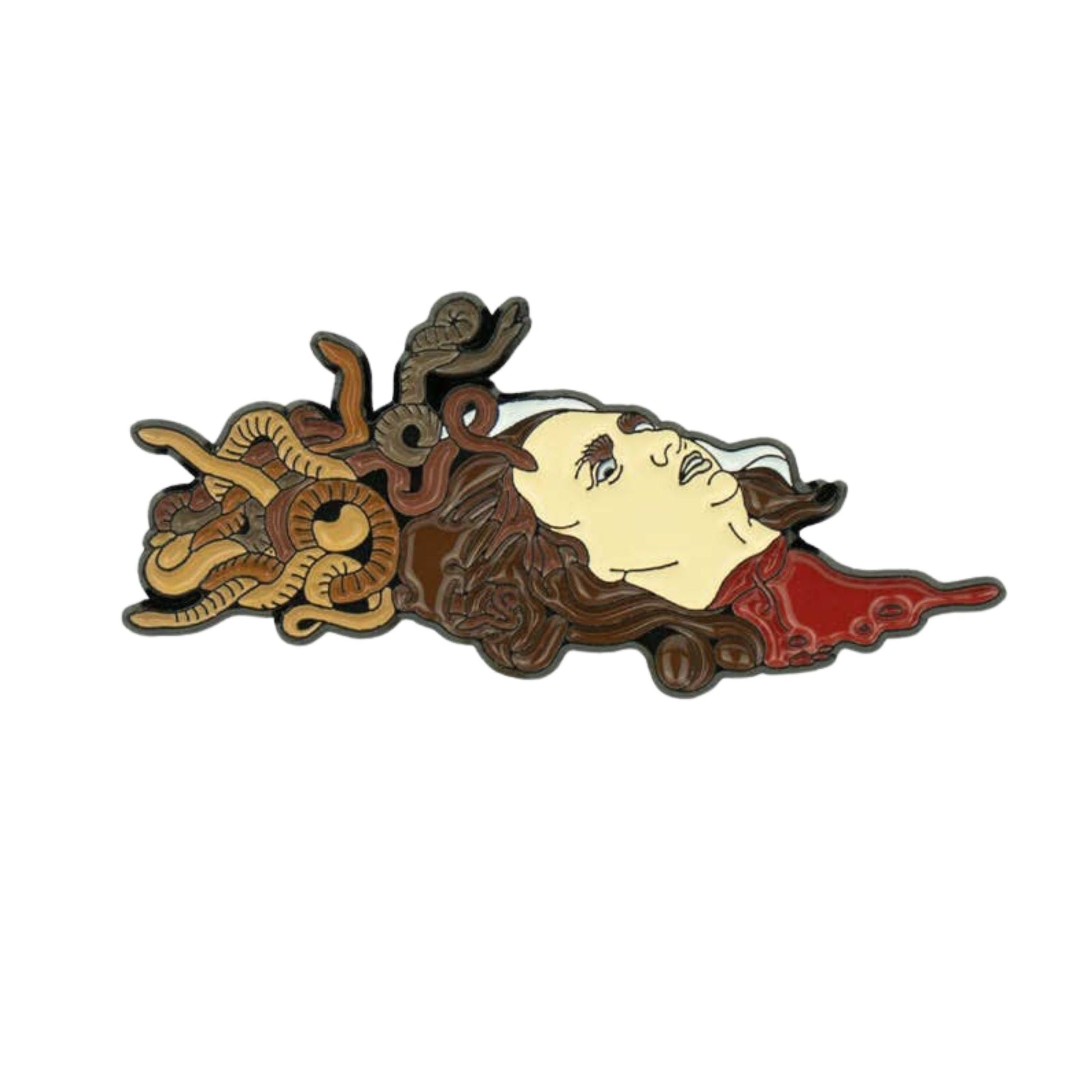 Medusa enamel pin with a face and snake design on a white background