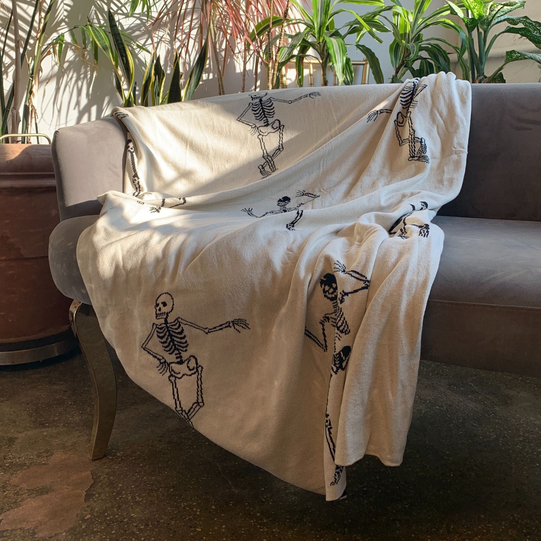 Memento Mori Reversible Skeletons Throw Blanket | Double-Sided Knitted Throw | 50" x 60"