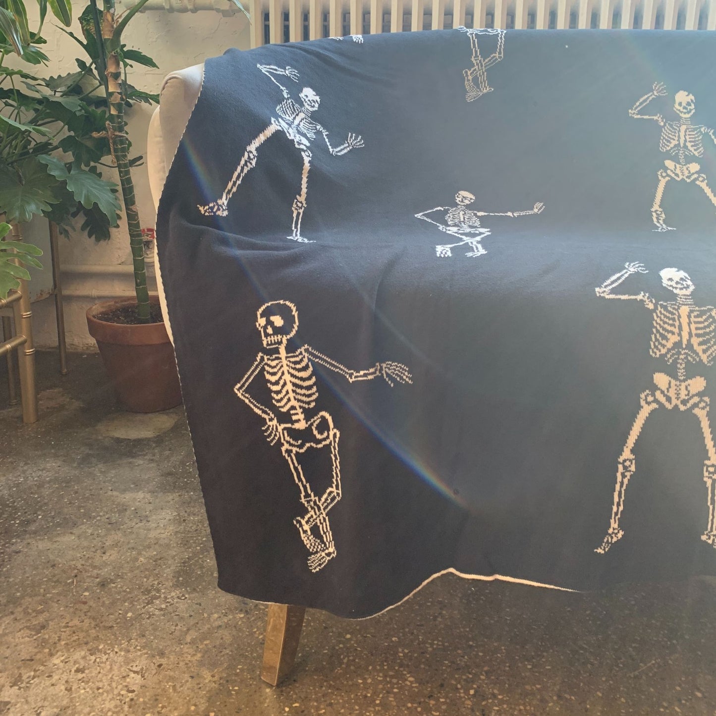 Memento Mori Reversible Skeletons Throw Blanket | Double-Sided Knitted Throw | 50" x 60"